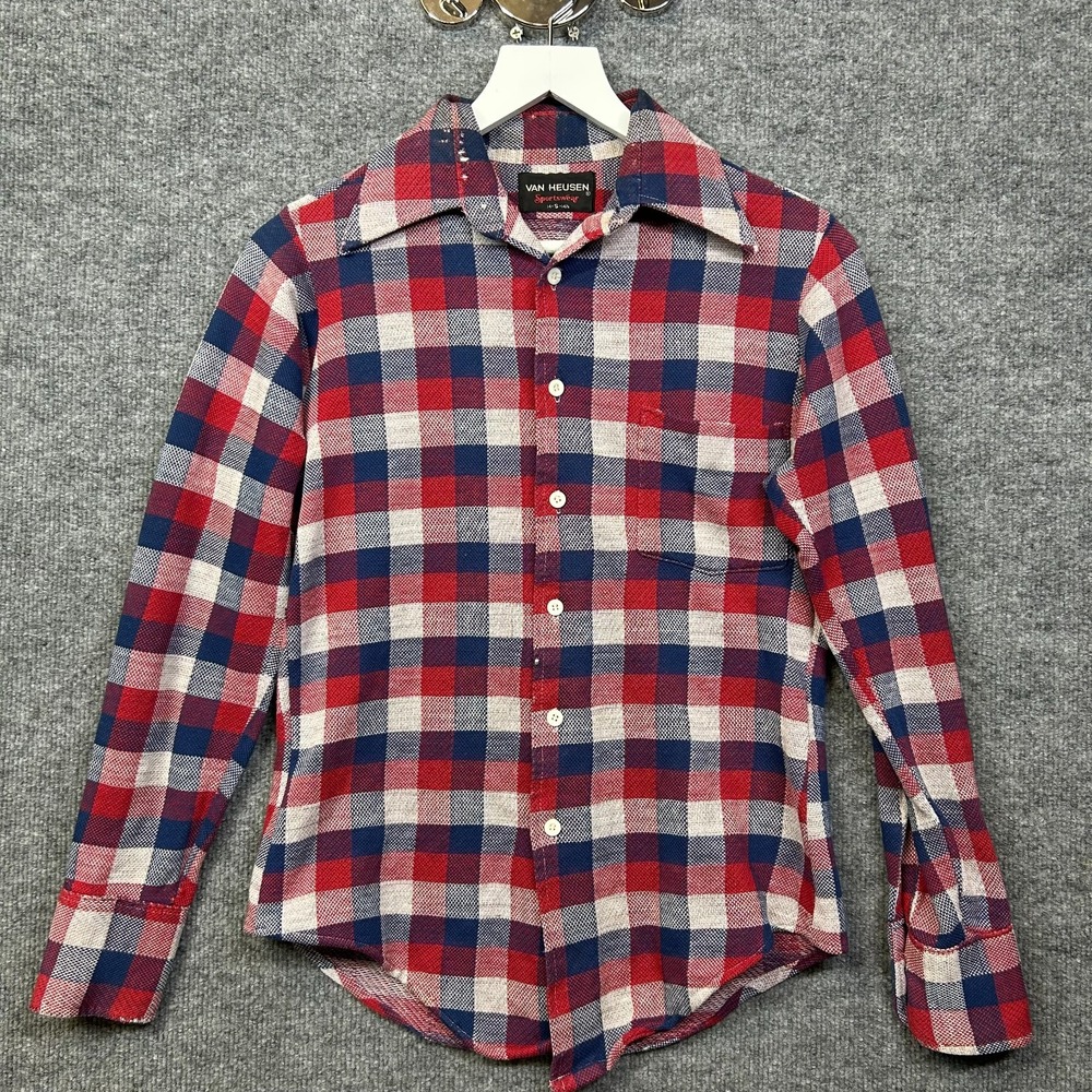 Van Heusen Sportswear Shirt Mens Small Red Blue Good VTG 70s Plaid Button Up